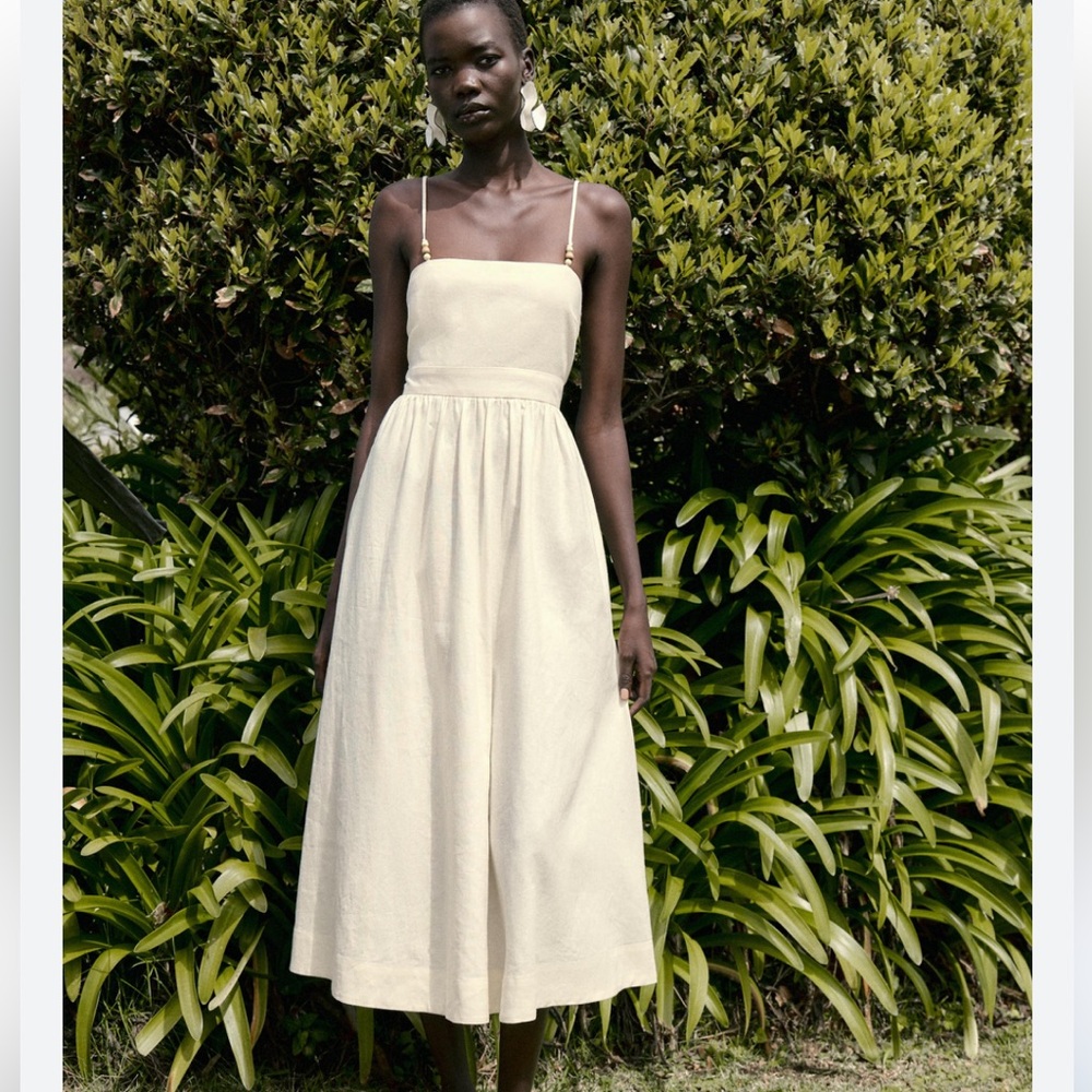 Zara 8372/099 Beaded Strappy Linen Blend Midi Dress NWT XS